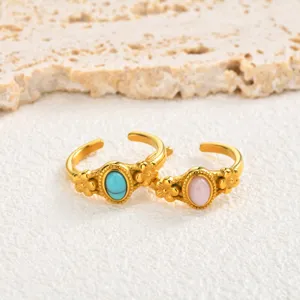Gold stainless steel oval stone open ring set for women fashion jewelry chic design