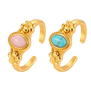 18K Gold Stainless Steel Open Ring with Natural Stone Floral Design Women Fashion Jewelry