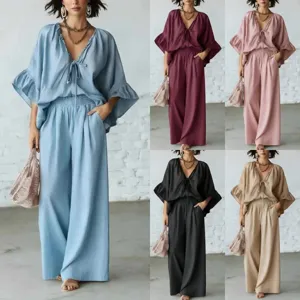 Damen Casual V-Ausschnitt Kordelzug Fledermausärmel Oberteil Und Hohe Taille Weite Beinhose Zweiteiliges Set Polyester Sommer Outfit