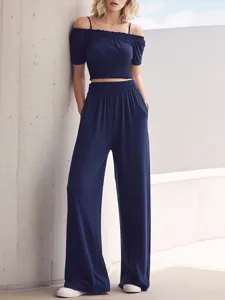 Women fashion navy blue off shoulder crop top wide leg pants set casual two piece