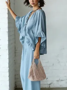 Sommer Freizeit Baumwolle Leinen Zweiteiler Set mit V-Ausschnitt Rüschen Top und langer Hose