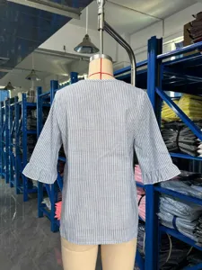 Casual blue and white vertical striped V-neck half sleeve blouse for women loose daily wear.