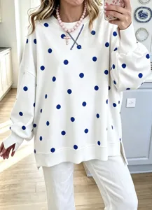 Casual women blue polka dot print loose long sleeve crewneck pullover sweatshirt with side split.