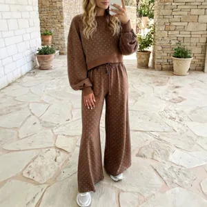 Damen Casual Polka Dot Print Langarm Sweatshirt Kordelzug Weite Beine Hose Top und Unterteil Polyester Loungewear