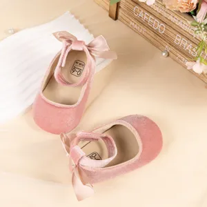 Pink velvet baby princess shoes with bow soft sole infant toddler shoes size 0-6 months