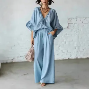 Sommer Baumwolle Leinen Zweiteiler, V-Ausschnitt Rüschen Batwing Top und weite Hose.