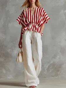 Women Summer Casual Striped V Neck Short Sleeve Top And Wide Leg Pants Two Piece Set Vacation Outfit