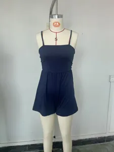 Details of women summer casual solid dark blue strapless backless romper jumpsuit shorts.