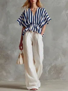Summer women two piece set blue white striped top wide leg linen pants casual outfit chic