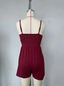Women Burgundy Backless Cami Romper Summer Casual Beachwear Party Clubwear Outfit