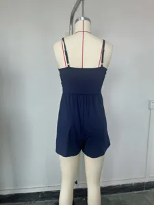 Summer women's solid color sleeveless backless casual strap romper jumpsuit detail view.