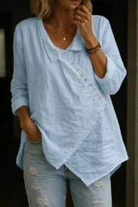 Casual light blue linen blend asymmetric button down long sleeve shirt for daily wear