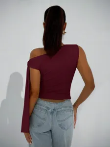 Damen Sommer lässig einseitig schulterfreies ärmelloses Crop Top mit langem Band.