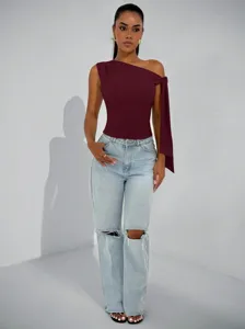 Damen One Shoulder ärmellos bordeaux Top lässig schick Street Fashion Sommer Bluse