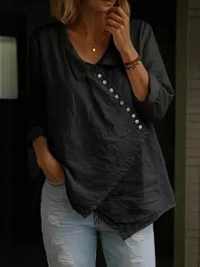 Casual asymmetrical button-down blouse for women, stylish 3/4 sleeve loose linen shirt.