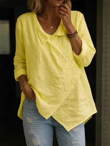 Casual yellow linen long sleeve asymmetric button blouse for women stylish daily wear top