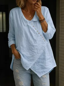 Casual light blue linen long sleeve asymmetric button-down women shirt for daily commute.