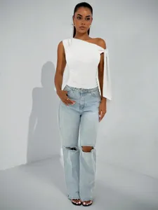 Damen Sommer Mode schmal geschnitten einseitig gebundenes ärmelloses Top und Jeans