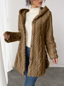 Cozy brown plush hooded cardigan detail, soft fleece texture with big buttons, autumn style.