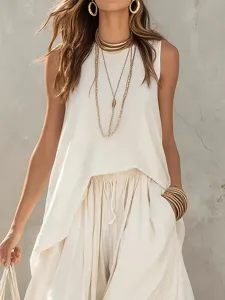 Women Casual Cotton Linen Sleeveless Top And Bottom Set Asymmetrical Tank Top And Harem Pants Solid Color Loose Breathable Vacation Outfits
