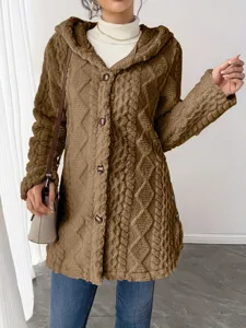 Women fuzzy hooded cardigan long sleeve button solid casual jacket winter warm outerwear