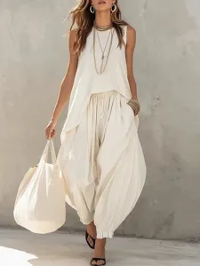 Sleeveless linen top and harem pants set, casual summer two-piece outfit for women vacation.