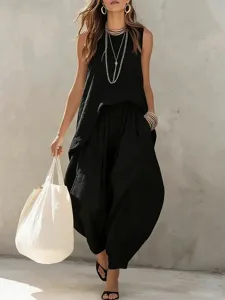 Detailed view of the stylish cotton linen sleeveless top and harem pants outfit.
