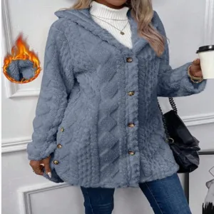 Women fleece hooded cardigan casual button long sleeve outerwear winter warm cozy coat