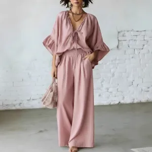 Sommer Leinen Baumwolle Zweiteiler Damen V-Ausschnitt Batwing Oberteil Weite Hose Urlaub