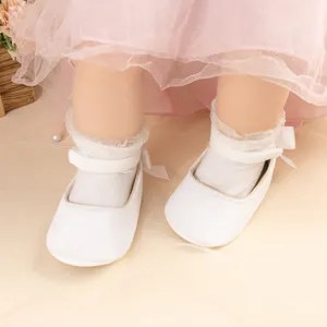 White velvet baby walking shoes with bow lace socks, cute infant princess shoes for girls.