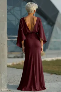 Elegant burgundy evening gown detail, stunning high waist pleated fishtail design for party.