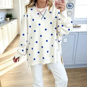 Women's Casual Loose Long Sleeve Crew Neck Polka Dot Printed Sweatshirt Pullover Side Split Fashion Daily Tops
