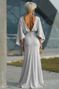 Elegant grey evening dress featuring a chic V-back and fishtail skirt for parties.