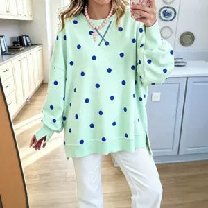 Women casual loose polka dot sweatshirt long sleeve crewneck pullover with side slits main.