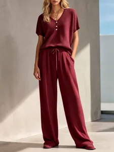 Waffle knit lounge set women short sleeve V-neck top drawstring wide leg pants casual
