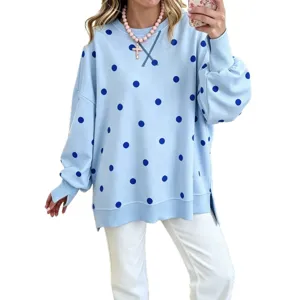 Women's Blue Polka Dot Sweatshirt Casual Loose Long Sleeve Crewneck Pullover Top