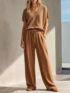 Waffle knit short sleeve top and wide leg pants set detail, comfortable casual wear.