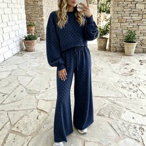 Damen Polka Dot Sweatshirt und lange weite Hose lässiges zweiteiliges Set für Herbst