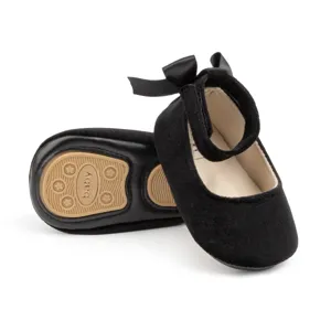 Black velvet baby princess shoes with bow soft sole infant toddler walking shoes detail view
