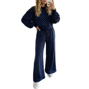 Dunkelblaue Pünktchen Langarm Sweatshirt und weite Hose Lounge-Set für Damen.