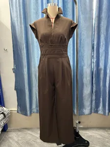 Women solid color sleeveless jumpsuit high waist wide leg casual elegant long pants outfit detail