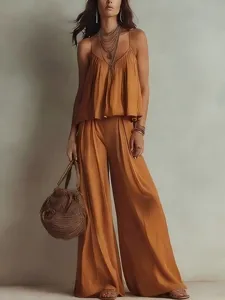 Boho camisole and wide leg pants set detail view, chic summer two piece outfit.