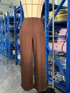 Brown textured wide leg pants, high waist casual loose long trousers for women daily wear