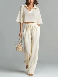 Women Casual Hollow Out Knit Top And Pants Set Lapel Short Sleeve High Waist Drawstring Wide Leg Pants Outfit