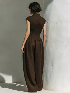 Linen lapel sleeveless jumpsuit for women, high-waist wide-leg draped long trousers detail view