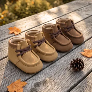 Nahaufnahme gemütlicher Herbst Babyschuhe, weiche Lauflernschuhe mit braunen Schnürsenkeln.