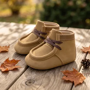 Nahaufnahme süßer Baby-Herbststiefel auf Holztisch mit warmer saisonaler Ästhetik und Stil.