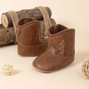 Adorables bottes de cowboy marron pour bébé avec broderie blanche, chaussures souples PU.