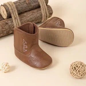 Jolis bottes de cowboy pour bébé, chaussures western en cuir PU marron avec broderie et semelle.