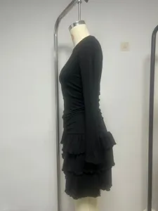 Black long sleeve dress slim fit ruched waist tiered ruffle hem chic elegant autumn outfit